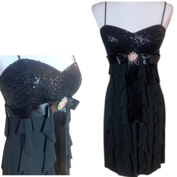 Vintage Cache Black Sequins Ruffled Spaghetti Straps Dress Size 8 Rhinestone - Picture 1 of 14
